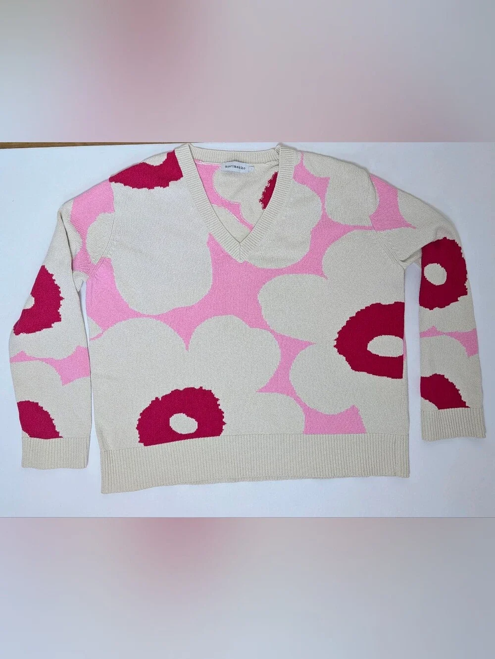 Marimekko Päivä Unikko Pullover Sweater, 100 % Cotton, Relaxed Fit Sz L/XL EUC